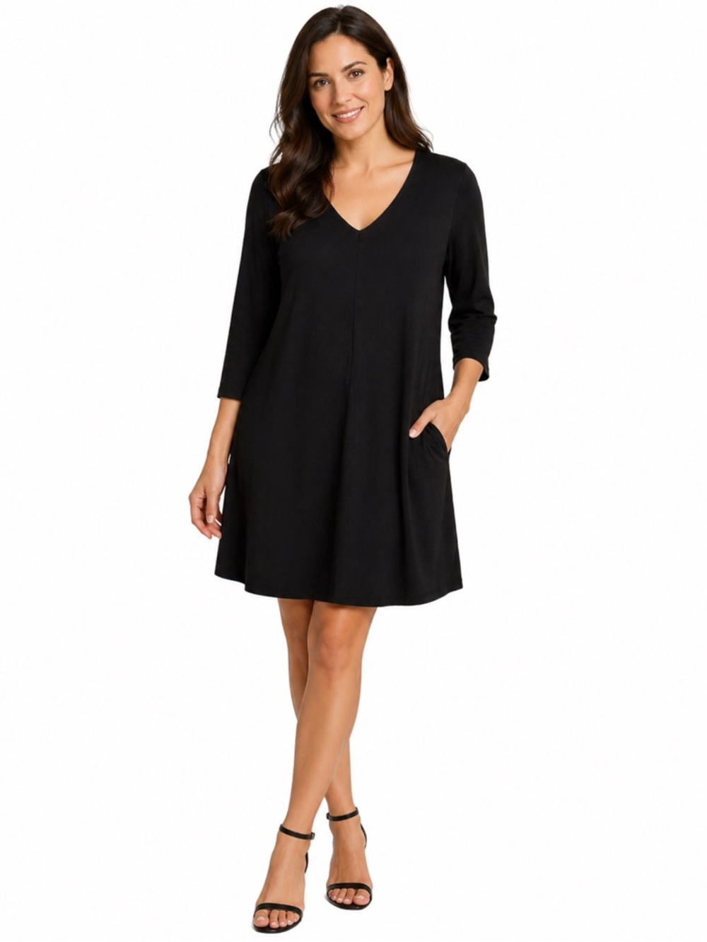 Eileen Fisher Black Jersey V-Neck Long Sleeve A-Line Dress XS